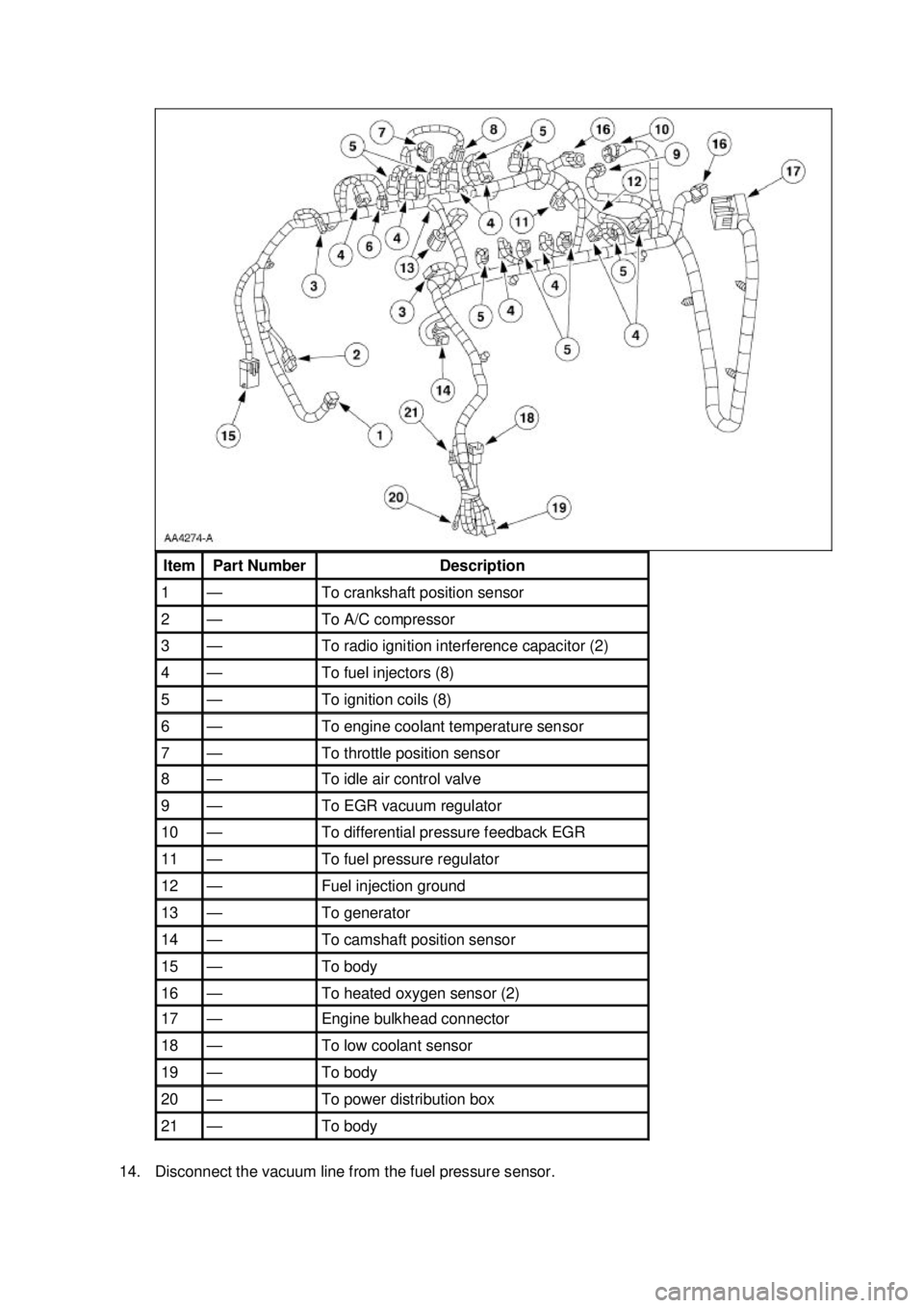 FORD MUSTANG 2003  Workshop Manual 14. Disconnect the vacuum line from the fuel pressure sensor.  Item  Part Number  Description 
1  — To crankshaft position sensor 
2  — To A/C compressor 
3  — To radio ignition interference cap
