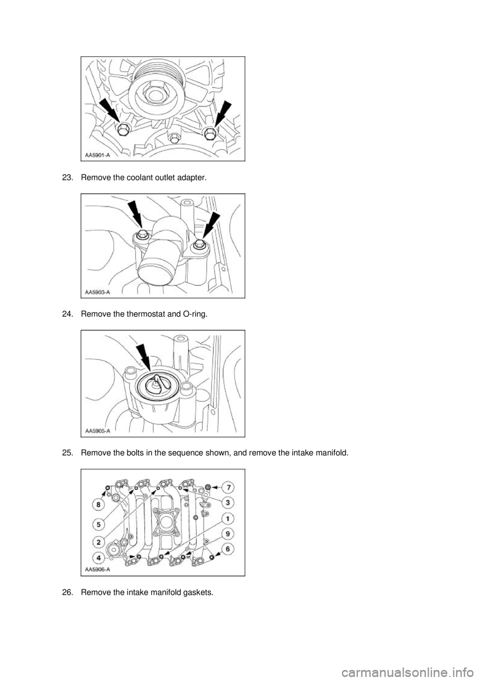 FORD MUSTANG 2003  Workshop Manual 23. Remove the coolant outlet adapter. 
24. Remove the thermostat and O-
ring. 
25. Remove the bolts in the sequence shown, and remove the intake manifold. 
26. Remove the intake manifold gaskets.  K