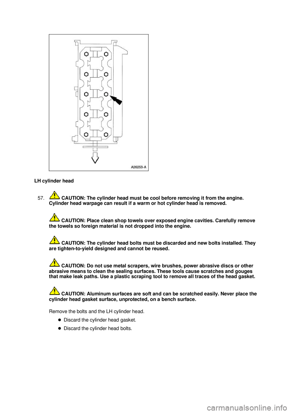 FORD MUSTANG 2003 Workshop Manual LH cylinder head
57. CAUTION: The cylinder head must be cool before removing it from the engine.
Cylinder head warpage can result if a warm or hot cylinder head is removed.
CAUTION: Place clean s FORD MUSTANG 2003 Workshop Manual LH cylinder head
57. CAUTION: The cylinder head must be cool before removing it from the engine.
Cylinder head warpage can result if a warm or hot cylinder head is removed.
CAUTION: Place clean s
