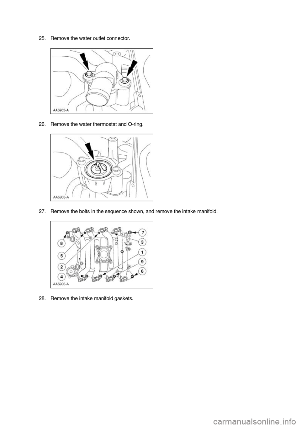 FORD MUSTANG 2003  Workshop Manual 25. Remove the water outlet connector. 
26. Remove the water thermostat and O-
ring. 
27. Remove the bolts in the sequence shown, and remove the intake manifold. 
28. Remove the intake manifold gasket