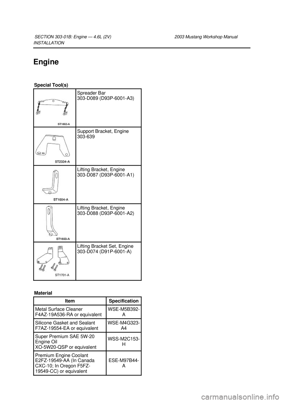 FORD MUSTANG 2003  Workshop Manual INSTALLATION 
Engine 
SECTION 303-
01B: Engine — 4.6L (2V)  2003 Mustang Workshop Manual Special Tool(s) 
Spreader Bar 
303-
D089 (D93P-6001- A3)  Support Bracket, Engine 
303-
639  Lifting Bracket,