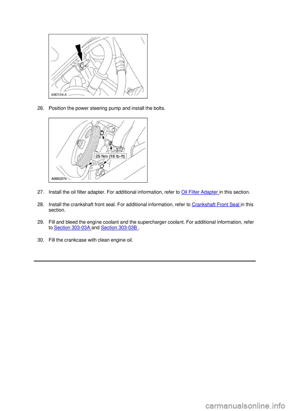FORD MUSTANG 2003  Workshop Manual 26. Position the power steering pump and install the bolts. 
27. Install the oil filter adapter. For additional information, refer to 
Oil Filter Adapter  in this section. 
28. Install the crankshaft 