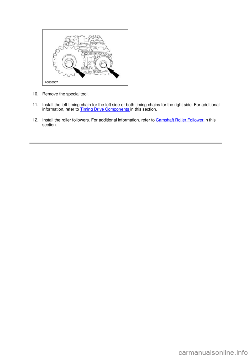 FORD MUSTANG 2003  Workshop Manual 10. Remove the special tool. 
11. Install the left timing chain for the left side or both timing chains for the right side. For additional 
information, refer to  Timing Drive Components  in this sect
