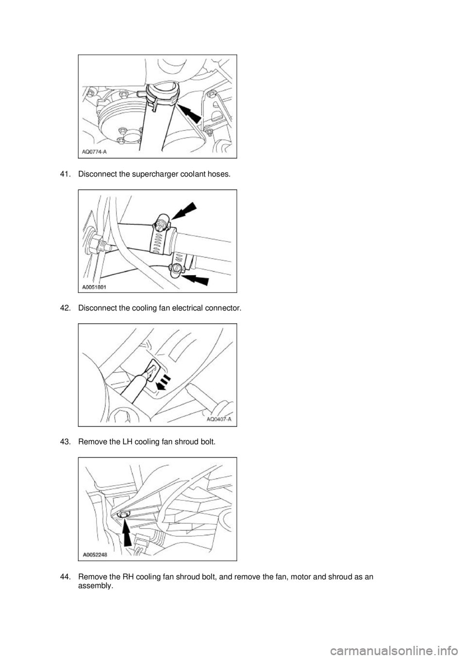FORD MUSTANG 2003  Workshop Manual 41. Disconnect the supercharger coolant hoses. 
42. Disconnect the cooling fan electrical connector. 
43. Remove the LH cooling fan shroud bolt. 
44. Remove the RH cooling fan shroud bolt, and remove 