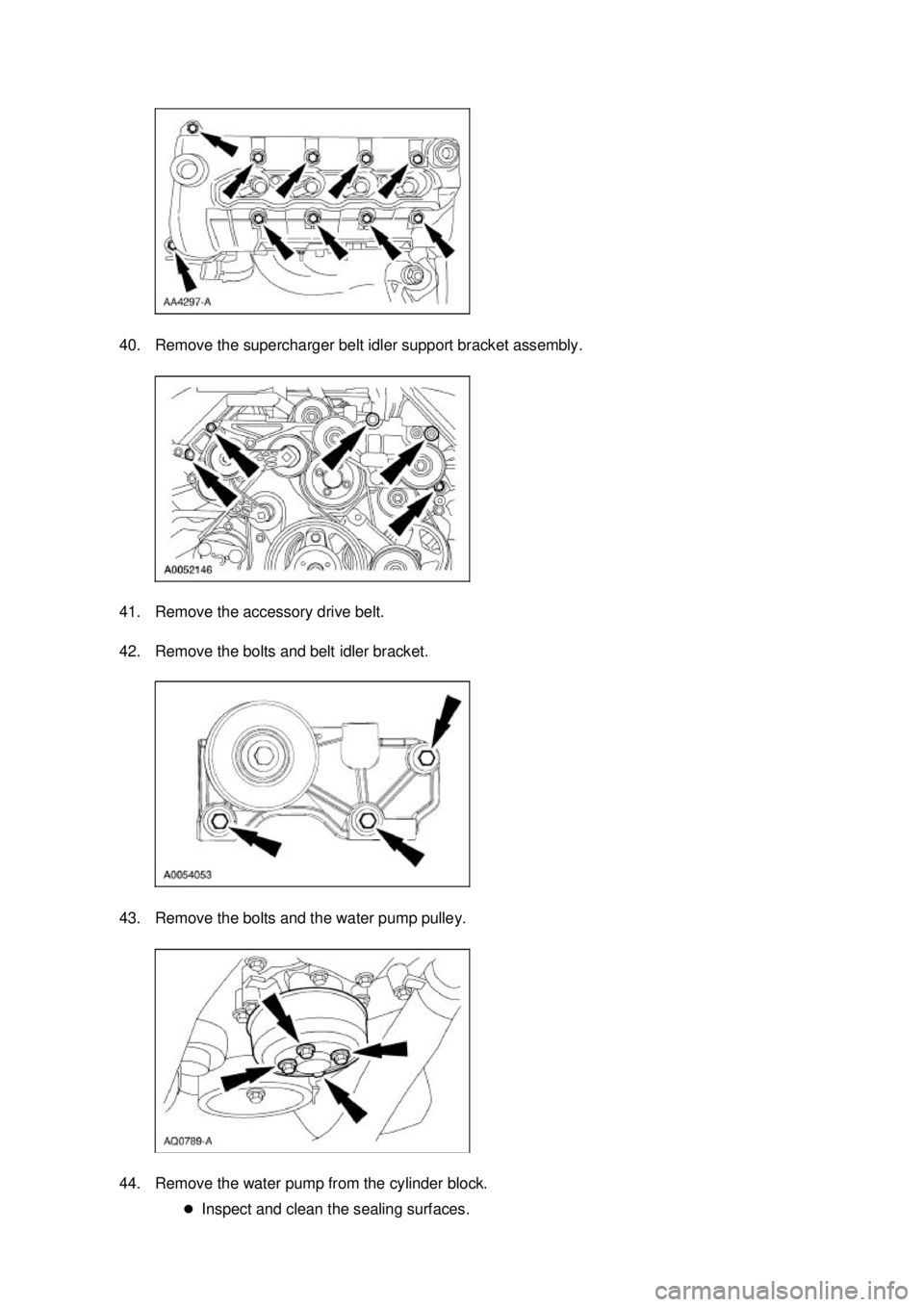 FORD MUSTANG 2003  Workshop Manual 40. Remove the supercharger belt idler support bracket assembly. 
41. Remove the accessory drive belt. 
42. Remove the bolts and belt idler bracket. 
43. Remove the bolts and the water pump pulley. 
4