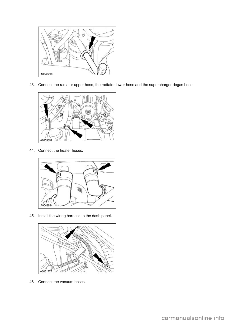 FORD MUSTANG 2003  Workshop Manual 43. Connect the radiator upper hose, the radiator lower hose and the supercharger degas hose. 
44. Connect the heater hoses. 
45. Install the wiring harness to the dash panel. 
46. Connect the vacuum 