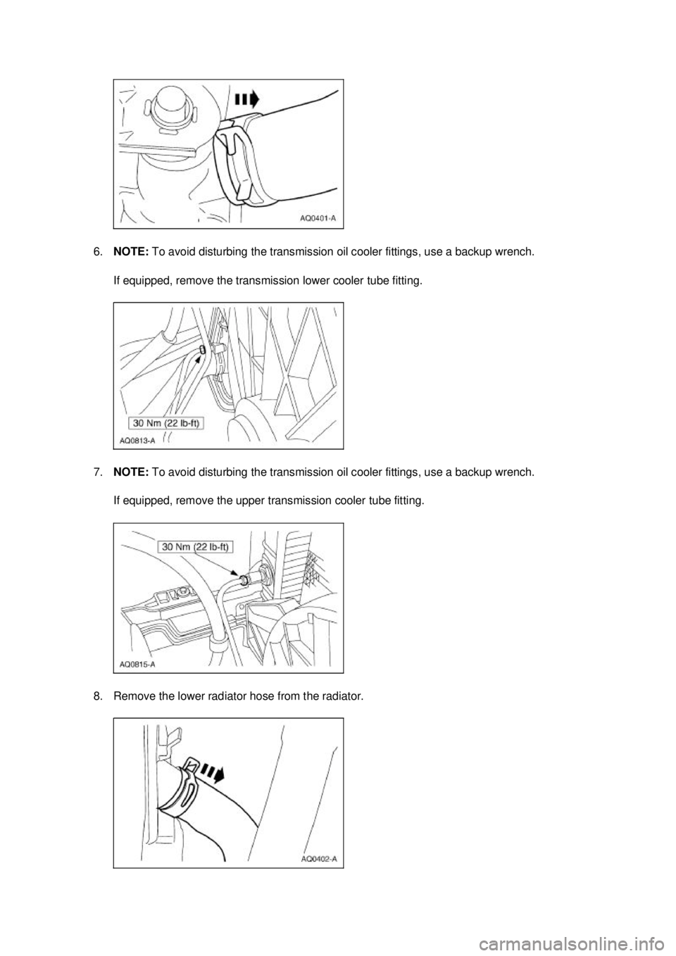 FORD MUSTANG 2003  Workshop Manual 6.
NOTE:  To avoid disturbing the transmission oil cooler fittings, use a backup wrench. 
If equipped, remove the transmission lower cooler tube fitting. 
7. NOTE:  To avoid disturbing the transmissio