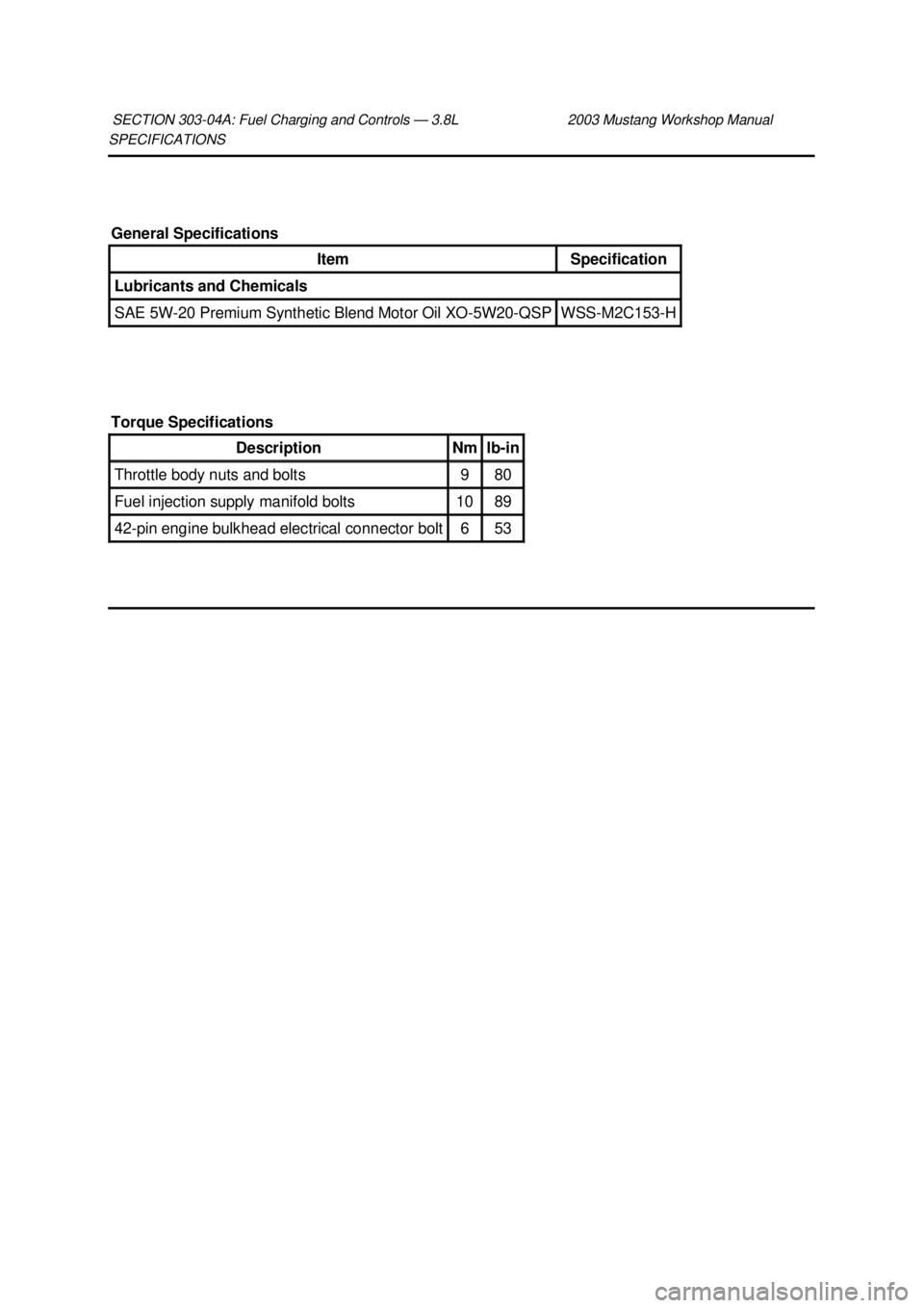 FORD MUSTANG 2003  Workshop Manual SPECIFICATIONS 
SECTION 303-
04A: Fuel Charging and Controls — 3.8L 2003 Mustang Workshop Manual General Specifications 
Item  Specification 
Lubricants and Chemicals 
SAE 5W-
20 Premium Synthetic B