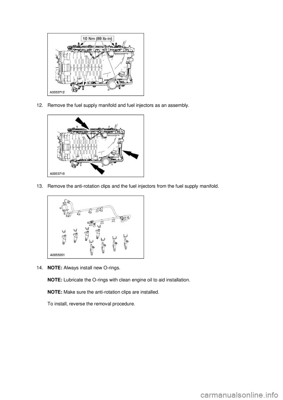 FORD MUSTANG 2003  Workshop Manual 12. Remove the fuel supply manifold and fuel injectors as an assembly. 
13. Remove the anti-
rotation clips and the fuel injectors from the fuel supply manifold. 
14. NOTE:  Always install new O- ring