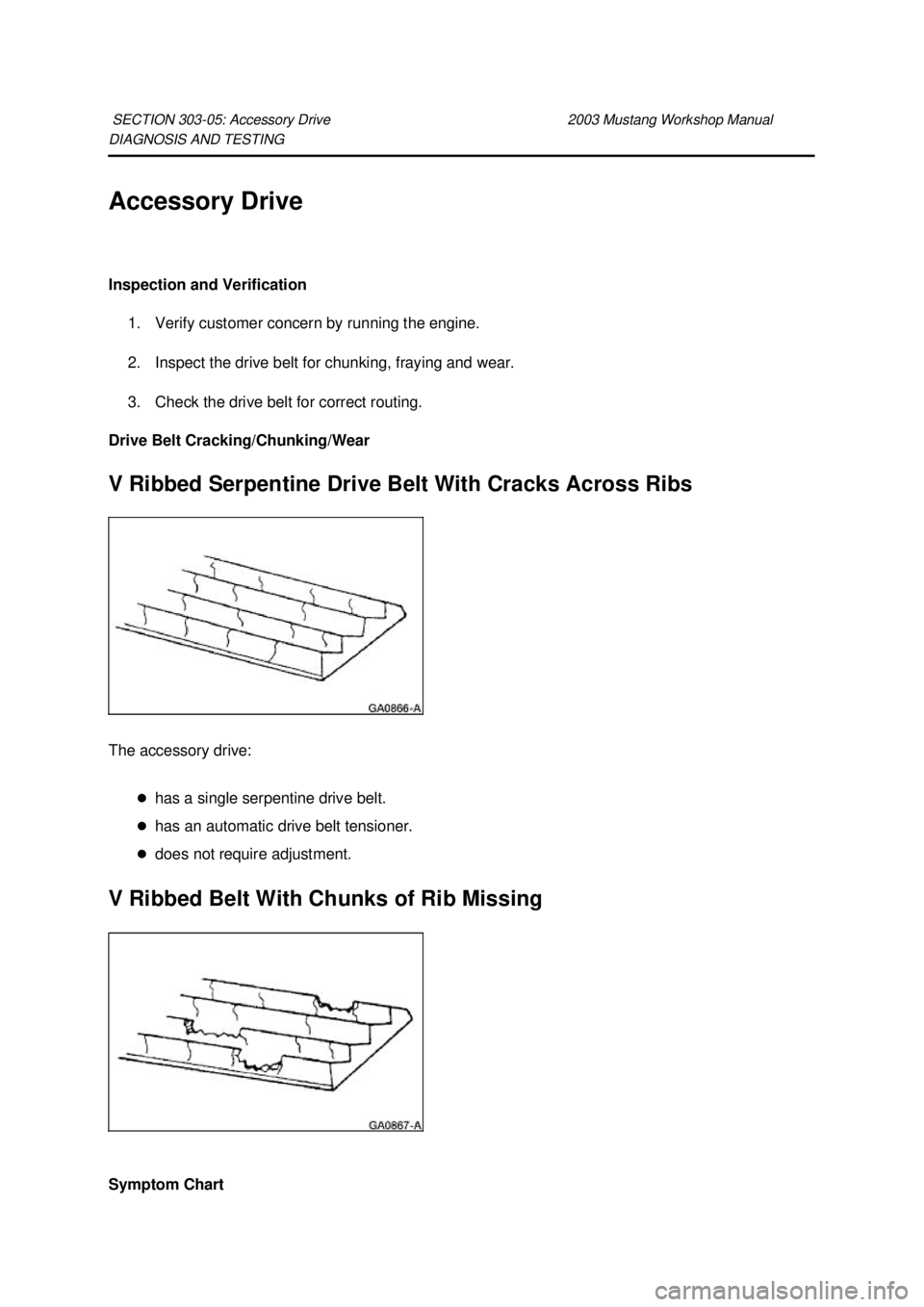 FORD MUSTANG 2003  Workshop Manual DIAGNOSIS AND TESTING 
Accessory Drive 
Inspection and Verification 
1. Verify customer concern by running the engine. 
2. Inspect the drive belt for chunking, fraying and wear. 
3. Check the drive be
