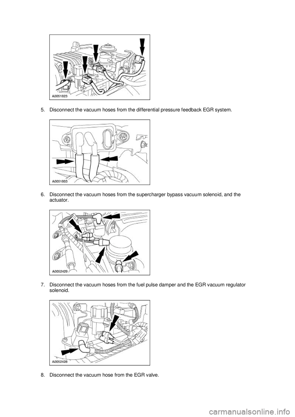 FORD MUSTANG 2003  Workshop Manual 5. Disconnect the vacuum hoses from the differential pressure feedback EGR system. 
6. Disconnect the vacuum hoses from the supercharger bypass vacuum solenoid, and the 
actuator. 
7. Disconnect the v