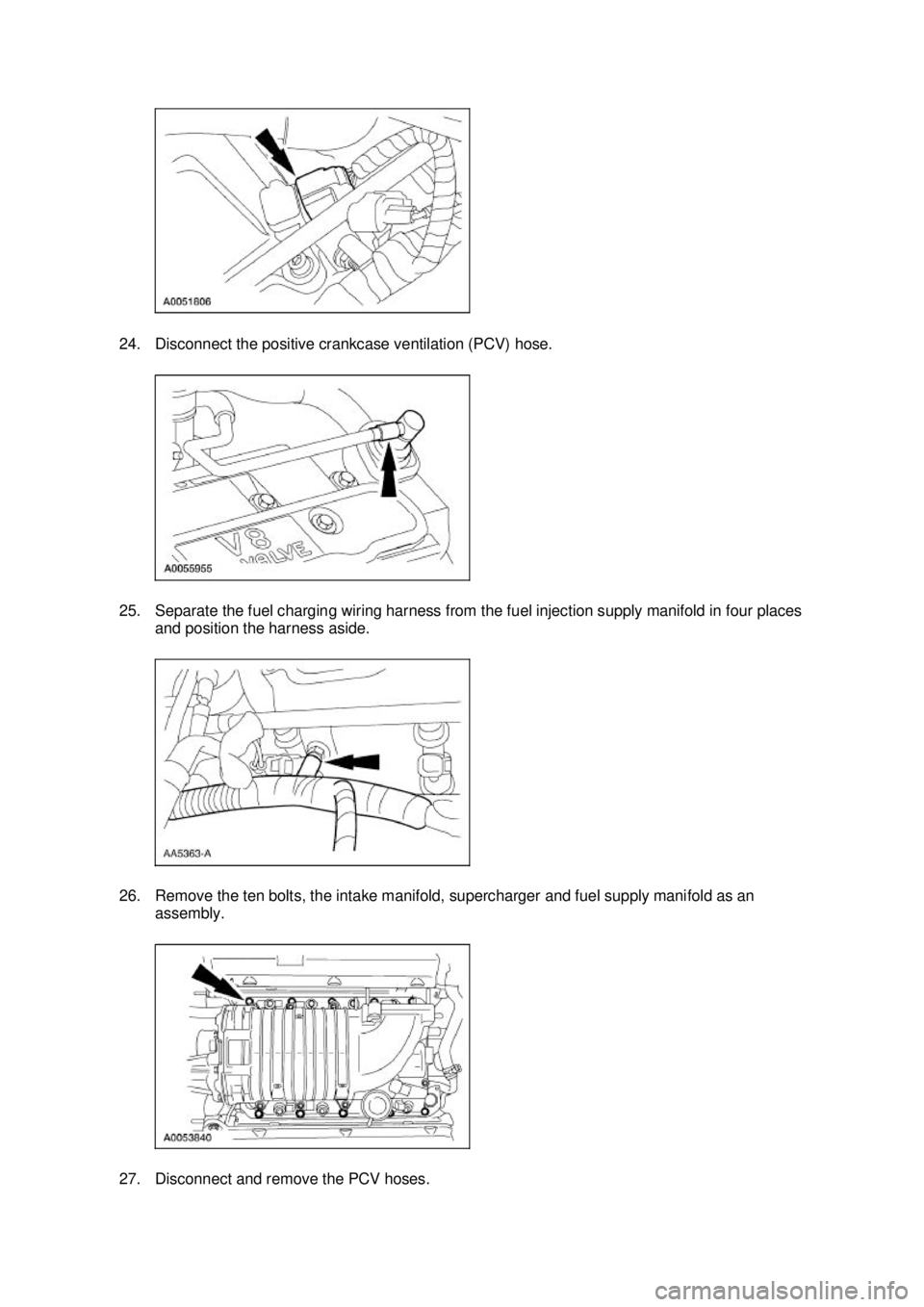 FORD MUSTANG 2003  Workshop Manual 24. Disconnect the positive crankcase ventilation (PCV) hose. 
25. Separate the fuel charging wiring harness from the fuel injection supply manifold in four places 
and position the harness aside. 
26