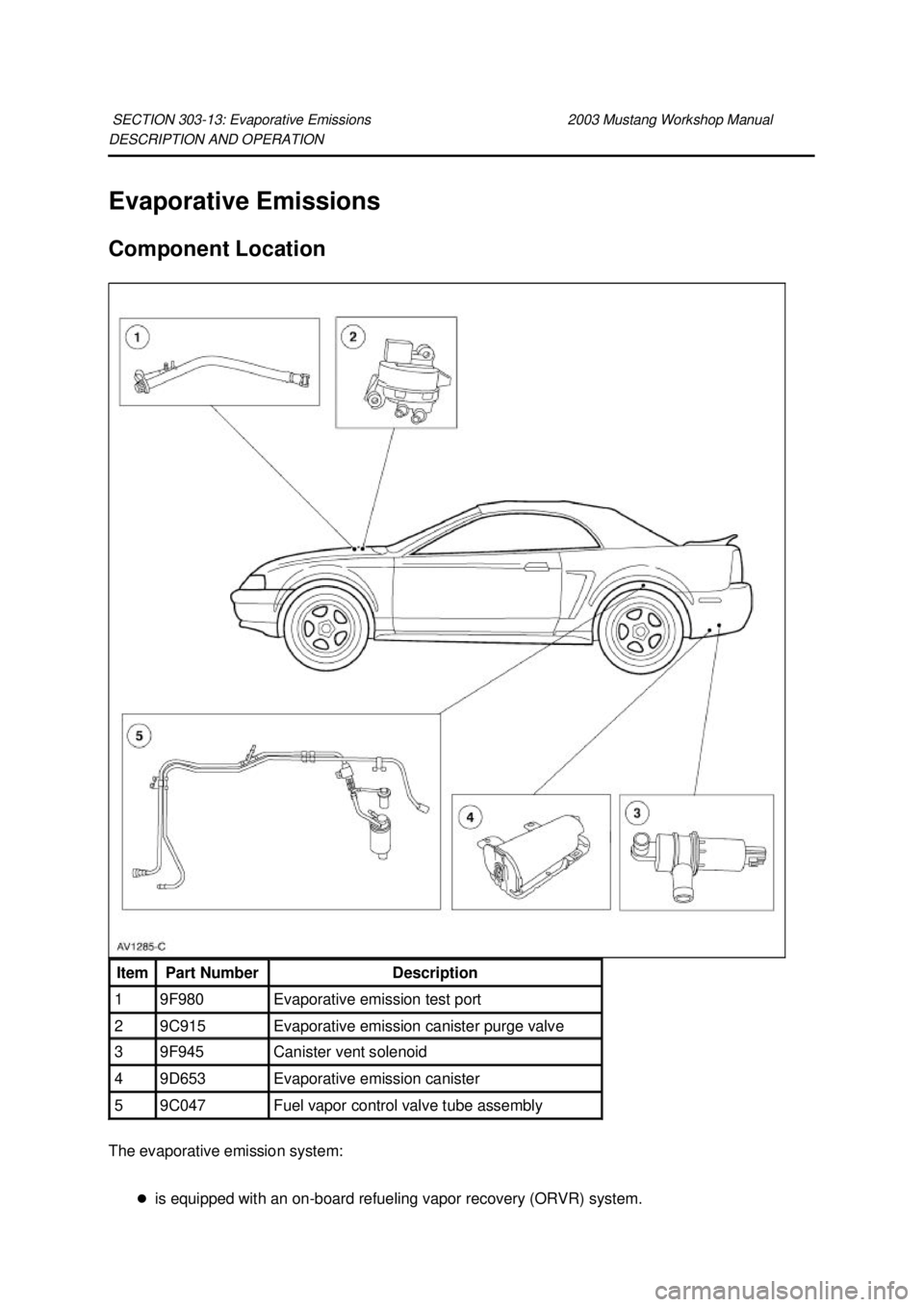 FORD MUSTANG 2003  Workshop Manual DESCRIPTION AND OPERATION 
Evaporative Emissions 
Component Location 
The evaporative emission system: 
�zis equipped with an on- board refueling vapor recovery (ORVR) system. 
SECTION 303-
13: Evapor