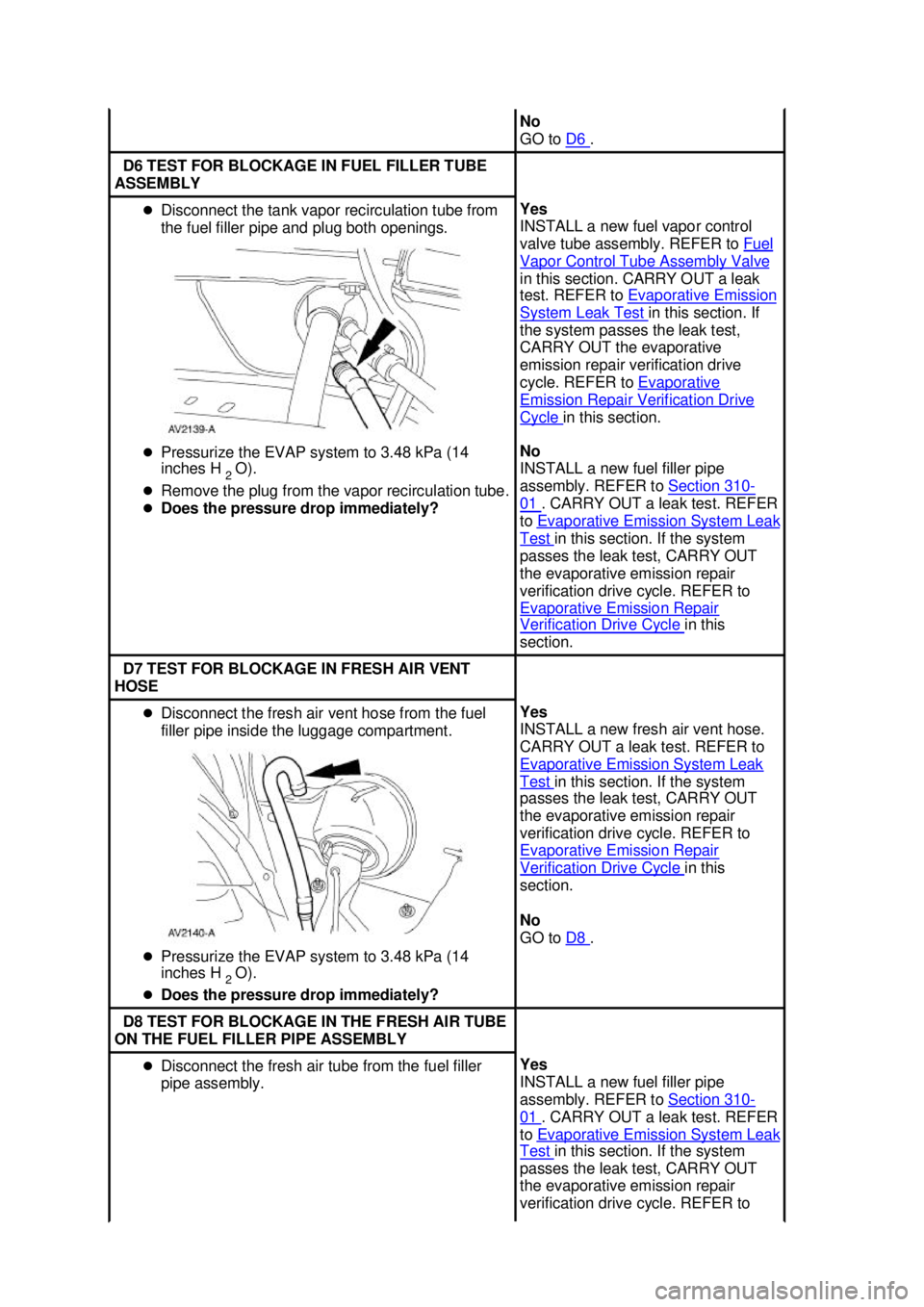 FORD MUSTANG 2003  Workshop Manual No 
GO to 
D6  . 
D6 TEST FOR BLOCKAGE IN FUEL FILLER TUBE 
ASSEMBLY  �z
Disconnect the tank vapor recirculation tube from 
the fuel filler pipe and plug both openings. 
�z Pressurize the EVAP system 