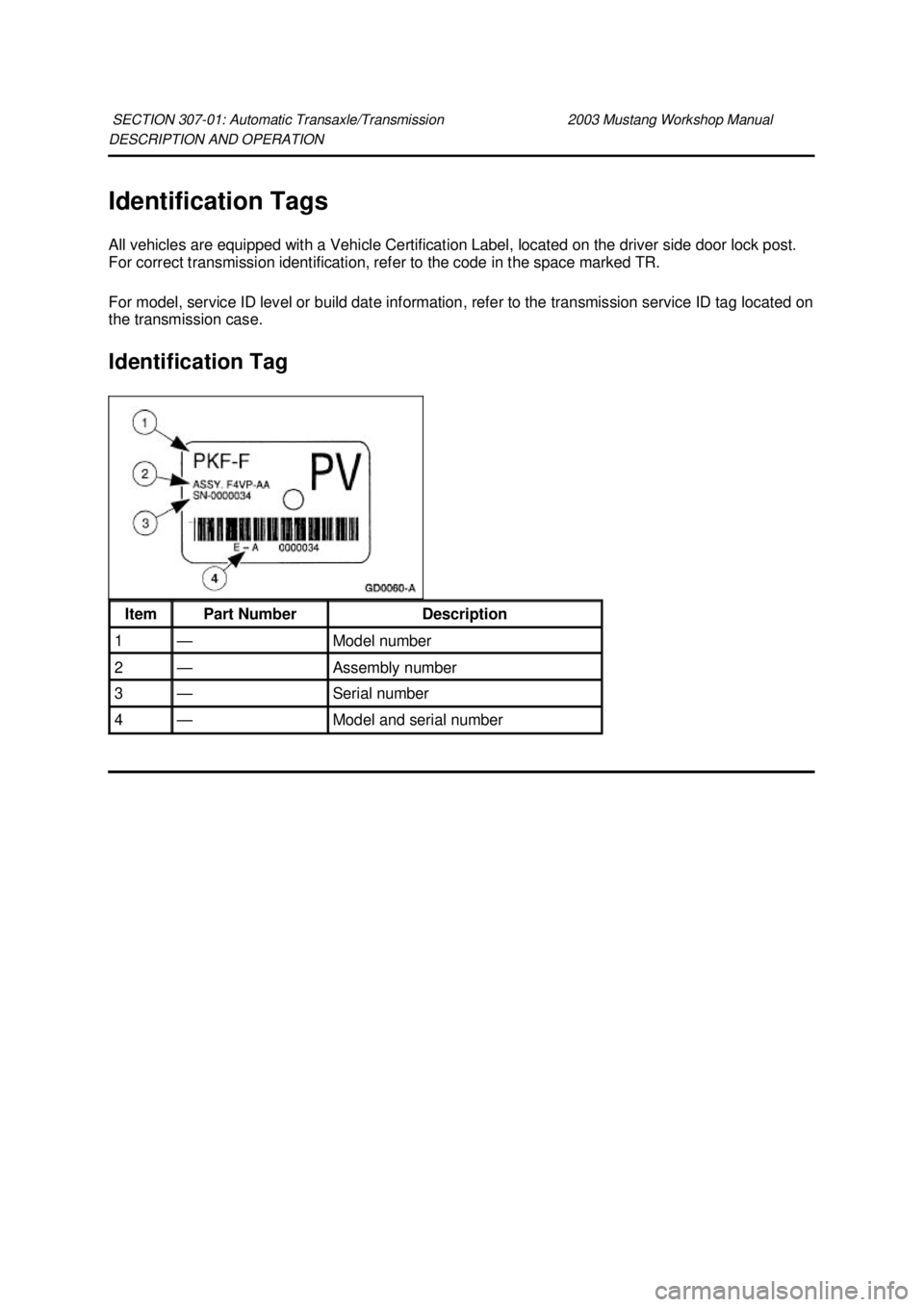 FORD MUSTANG 2003  Workshop Manual DESCRIPTION AND OPERATION 
Identification Tags 
All vehicles are equipped with a Vehicle Certification Label, located on the driver side door lock post. 
For correct transmission identification, refer