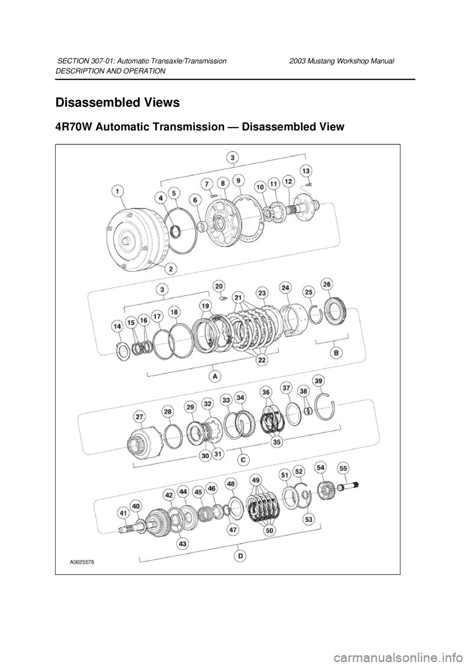 FORD MUSTANG 2003  Workshop Manual DESCRIPTION AND OPERATION 
Disassembled Views 
4R70W Automatic Transmission —
Disassembled View 
SECTION 307-
01: Automatic Transaxle/Transmission  2003 Mustang Workshop Manual  Klj .  1 ba
  8