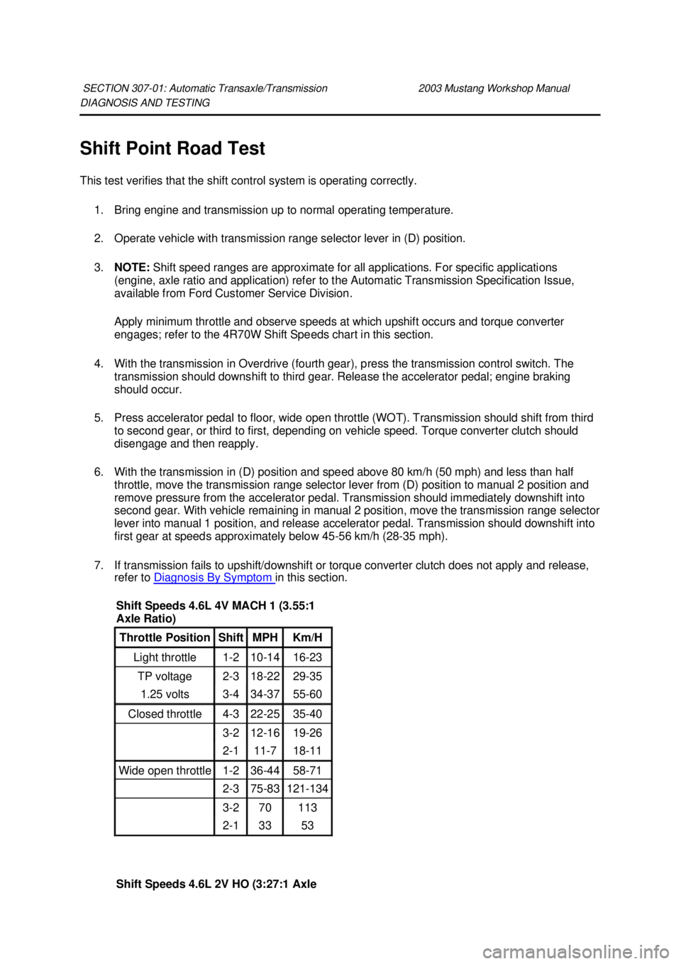 FORD MUSTANG 2003  Workshop Manual DIAGNOSIS AND TESTING 
Shift Point Road Test 
This test verifies that the shift control system is operating correctly. 
1. Bring engine and transmission up to normal operating temperature. 
2. Operate