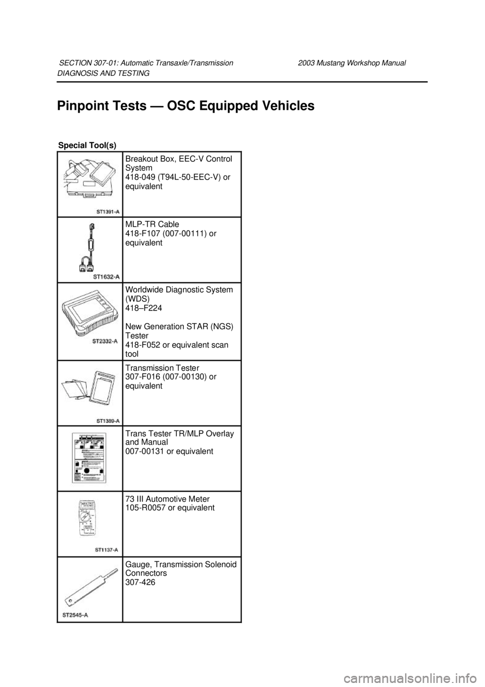 FORD MUSTANG 2003  Workshop Manual DIAGNOSIS AND TESTING 
Pinpoint Tests —
OSC Equipped Vehicles 
SECTION 307-
01: Automatic Transaxle/Transmission  2003 Mustang Workshop Manual Special Tool(s) 
Breakout Box, EEC-V Control 
System 
4