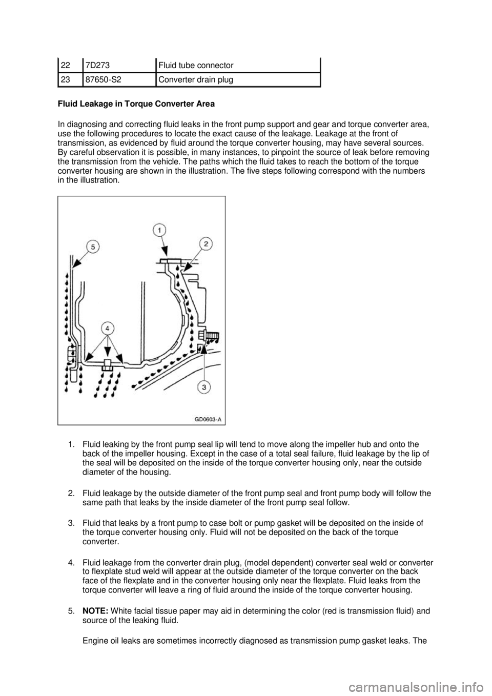 FORD MUSTANG 2003  Workshop Manual Fluid Leakage in Torque Converter Area 
In diagnosing and correcting fluid leaks in the front pump support and gear and torque converter area, 
use the following procedures to locate the exact cause o