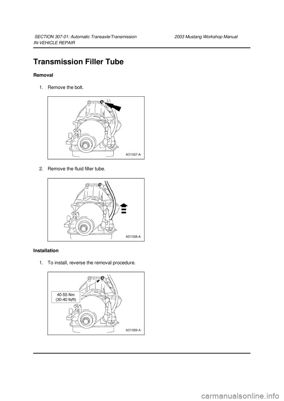 FORD MUSTANG 2003  Workshop Manual IN-
VEHICLE REPAIR 
Transmission Filler Tube 
Removal  1. Remove the bolt. 
2. Remove the fluid filler tube. 
Installation  1. To install, reverse the removal procedure. 
SECTION 307-
01: Automatic Tr
