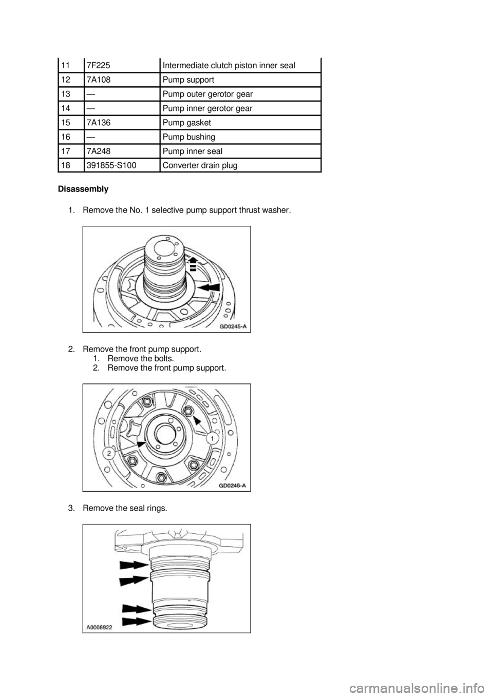 FORD MUSTANG 2003  Workshop Manual Disassembly 
1. Remove the No. 1 selective pump support thrust washer. 
2. Remove the front pump support.  1. Remove the bolts. 
2. Remove the front pump support. 
3. Remove the seal rings.  11  7F225