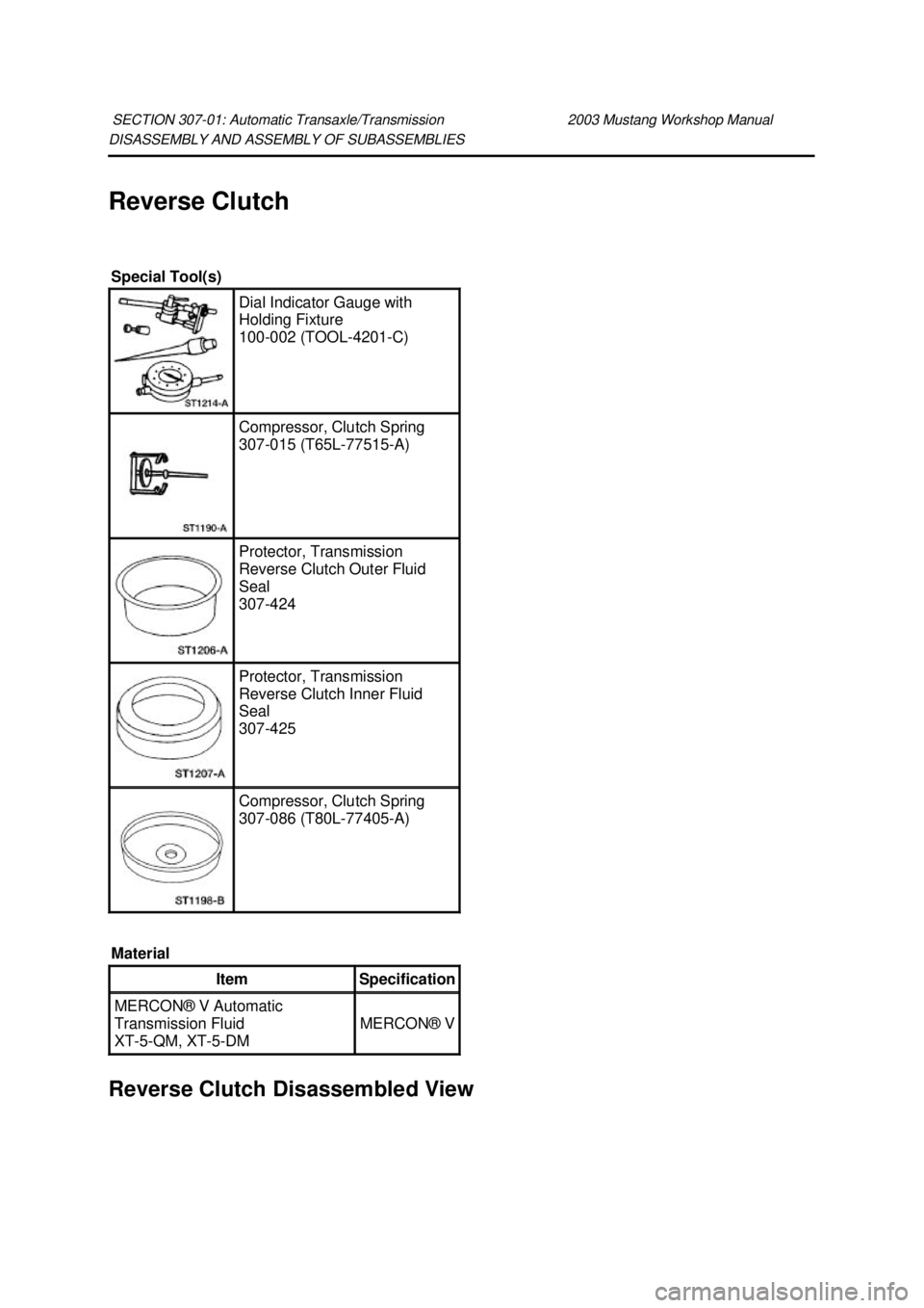 FORD MUSTANG 2003  Workshop Manual DISASSEMBLY AND ASSEMBLY OF SUBASSEMBLIES 
Reverse Clutch 
Reverse Clutch Disassembled View  SECTION 307-
01: Automatic Transaxle/Transmission  2003 Mustang Workshop Manual Special Tool(s) 
Dial Indic