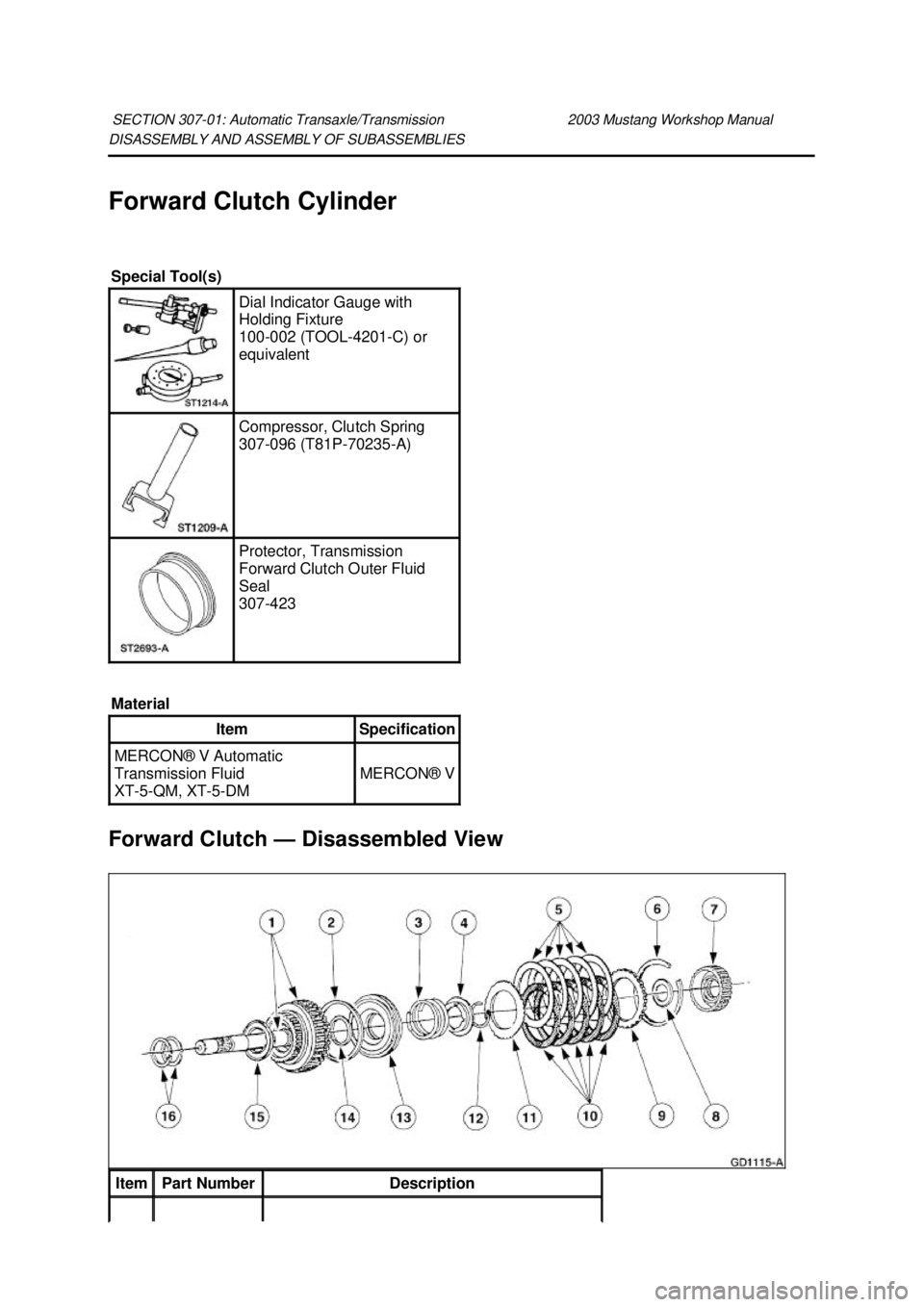 FORD MUSTANG 2003  Workshop Manual DISASSEMBLY AND ASSEMBLY OF SUBASSEMBLIES 
Forward Clutch Cylinder 
Forward Clutch —
Disassembled View 
SECTION 307-
01: Automatic Transaxle/Transmission  2003 Mustang Workshop Manual Special Tool(s
