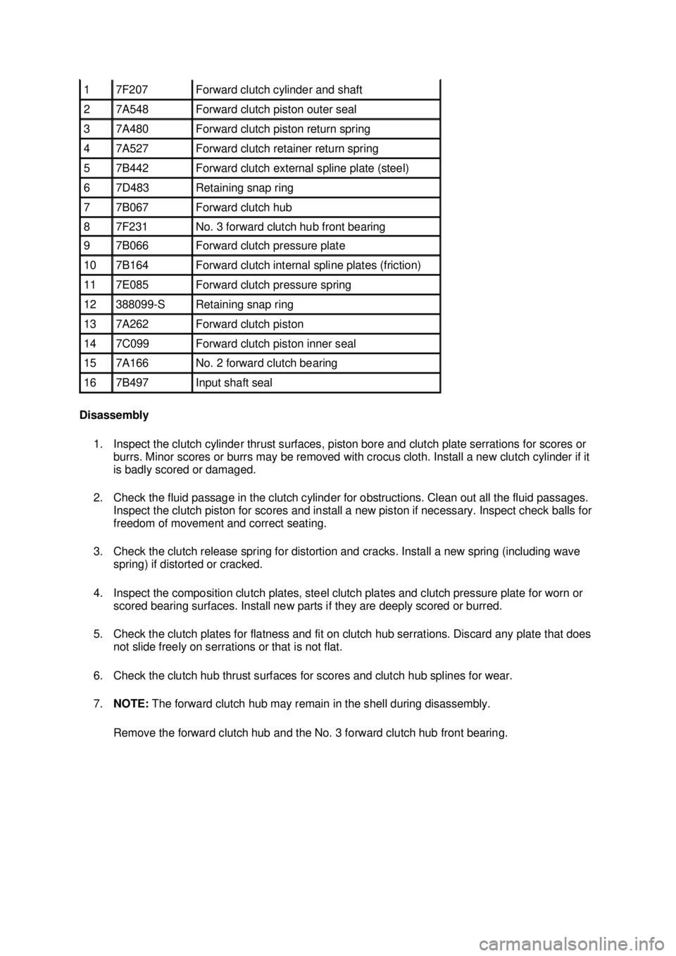 FORD MUSTANG 2003 Workshop Manual Disassembly
1. Inspect the clutch cylinder thrust surfaces, piston bore and clutch plate serrations for scores or burrs. Minor scores or burrs may be removed with crocus cloth. Install a new clutch FORD MUSTANG 2003 Workshop Manual Disassembly
1. Inspect the clutch cylinder thrust surfaces, piston bore and clutch plate serrations for scores or burrs. Minor scores or burrs may be removed with crocus cloth. Install a new clutch