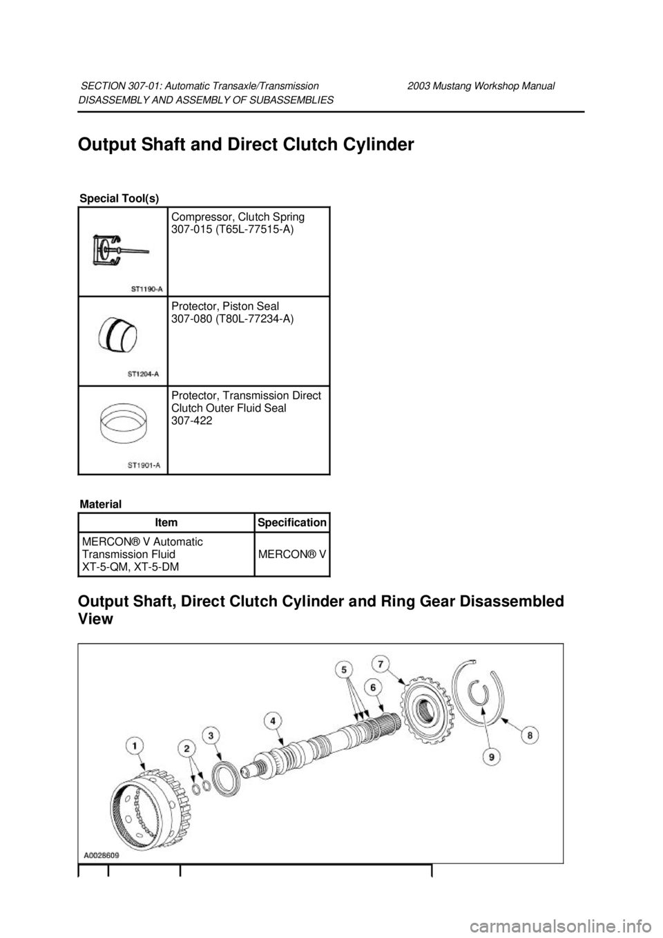 FORD MUSTANG 2003  Workshop Manual DISASSEMBLY AND ASSEMBLY OF SUBASSEMBLIES 
Output Shaft and Direct Clutch Cylinder 
Output Shaft, Direct Clutch Cylinder and Ring Gear Disassembled 
View 
SECTION 307-
01: Automatic Transaxle/Transmis