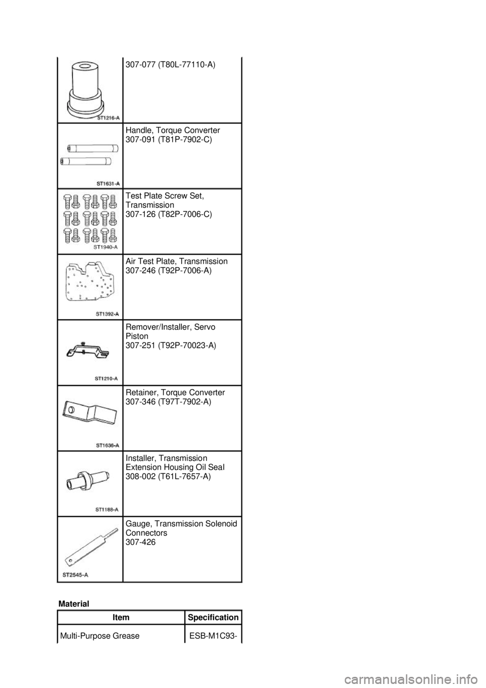 FORD MUSTANG 2003  Workshop Manual 307-
077 (T80L-77110- A)  Handle, Torque Converter 
307-
091 (T81P-7902- C)  Test Plate Screw Set, 
Transmission 
307-
126 (T82P-7006- C)  Air Test Plate, Transmission 
307-
246 (T92P-7006- A)  Remove