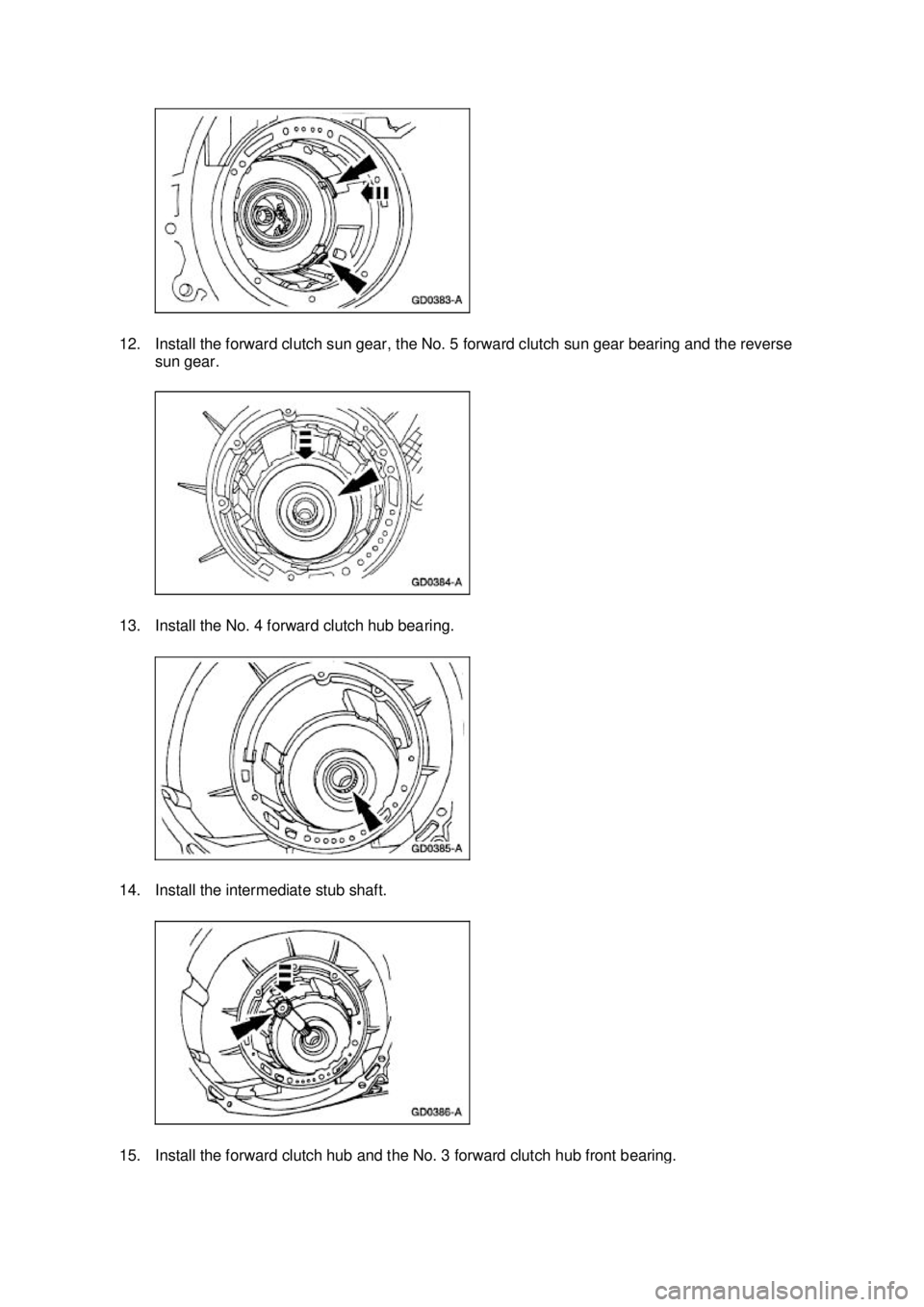 FORD MUSTANG 2003  Workshop Manual 12. Install the forward clutch sun gear, the No. 5 forward clutch sun gear bearing and the reverse 
sun gear. 
13. Install the No. 4 forward clutch hub bearing. 
14. Install the intermediate stub shaf