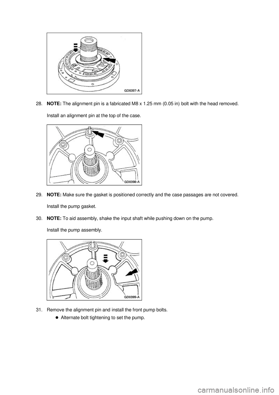 FORD MUSTANG 2003  Workshop Manual 28.
NOTE:  The alignment pin is a fabricated M8 x 1.25 mm (0.05 in) bolt with the head removed. 
Install an alignment pin at the top of the case. 
29. NOTE:  Make sure the gasket is positioned correct