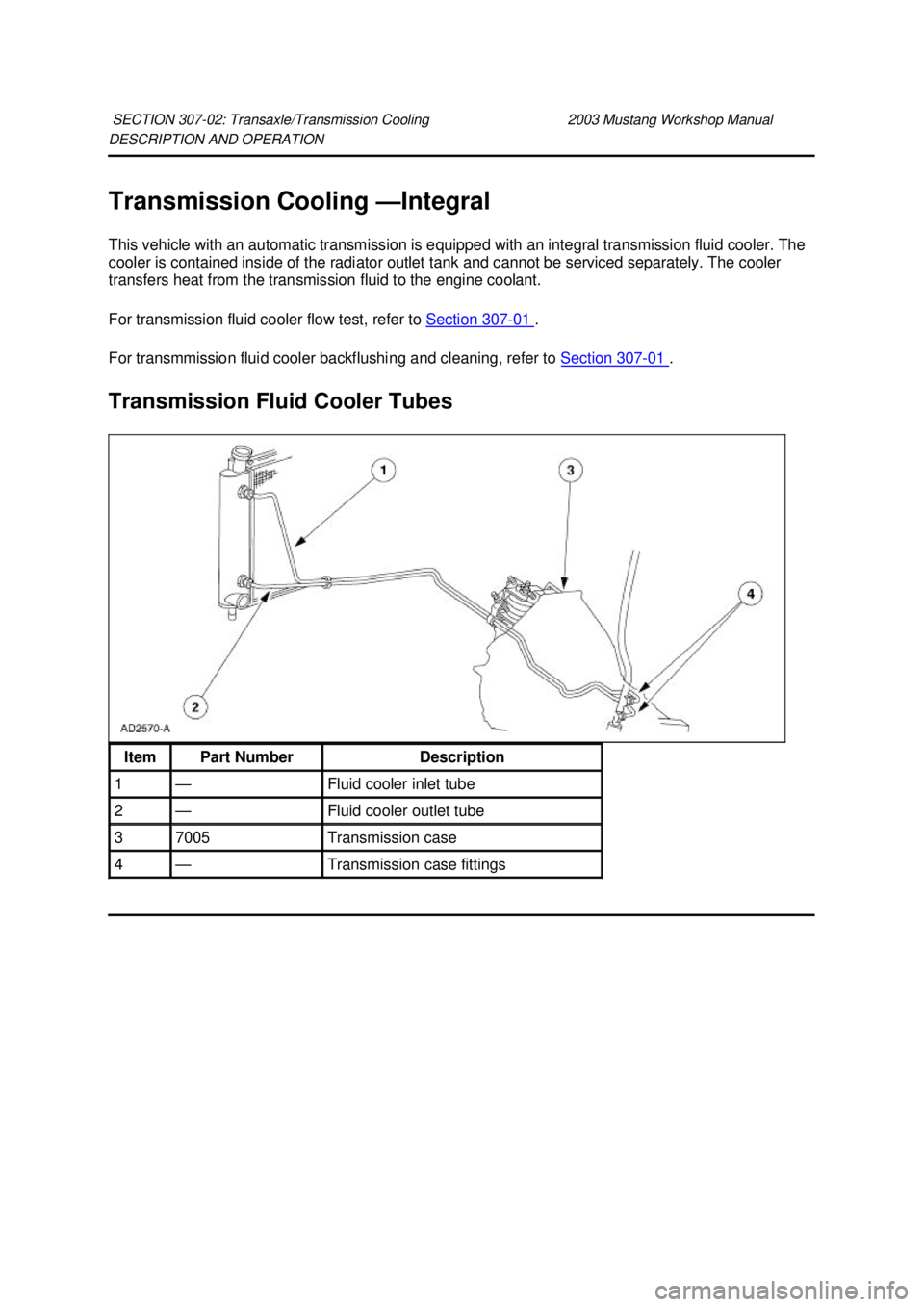 FORD MUSTANG 2003  Workshop Manual DESCRIPTION AND OPERATION 
Transmission Cooling —
Integral 
This vehicle with an automatic transmission is equipped with an integral transmission fluid cooler. The 
cooler is contained inside of the