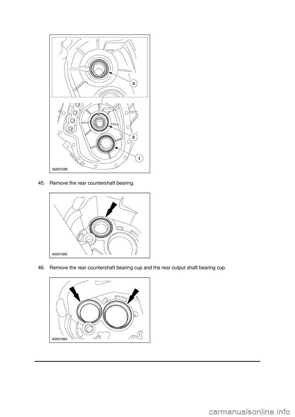 FORD MUSTANG 2003  Workshop Manual 45. Remove the rear countershaft bearing. 
46. Remove the rear countershaft bearing cup and the rear output shaft bearing cup.  Klj .  14 ba
  152003 Mustang Workshop Manual
18. 11. 2011file:///C