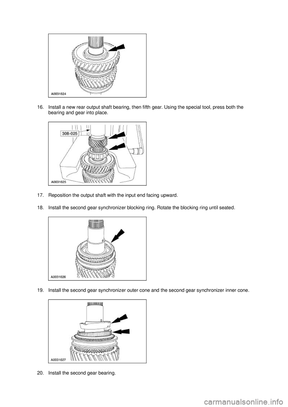 FORD MUSTANG 2003  Workshop Manual 16. Install a new rear output shaft bearing, then fifth gear. Using the special tool, press both the 
bearing and gear into place. 
17. Reposition the output shaft with the input end facing upward. 
1