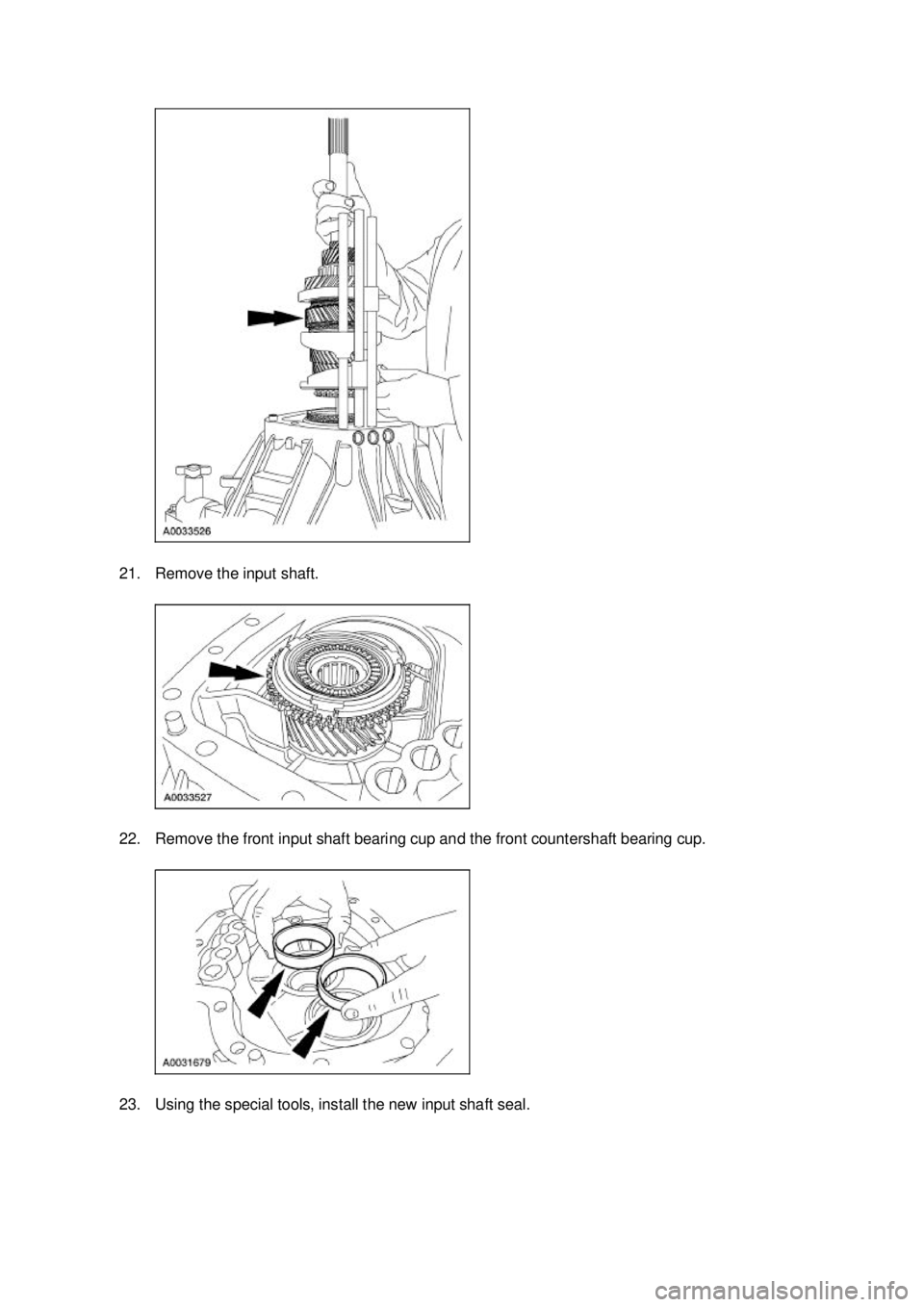 FORD MUSTANG 2003  Workshop Manual 21. Remove the input shaft. 
22. Remove the front input shaft bearing cup and the front countershaft bearing cup. 
23. Using the special tools, install the new input shaft seal.  Klj .  8 ba
  19