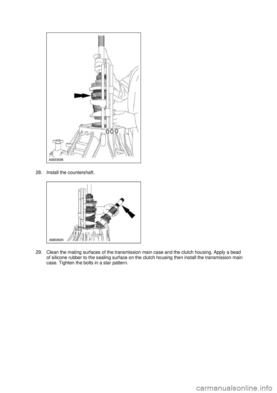 FORD MUSTANG 2003  Workshop Manual 28. Install the countershaft. 
29. Clean the mating surfaces of the transmission main case and the clutch housing. Apply a bead 
of silicone rubber to the sealing surface on the clutch housing then in