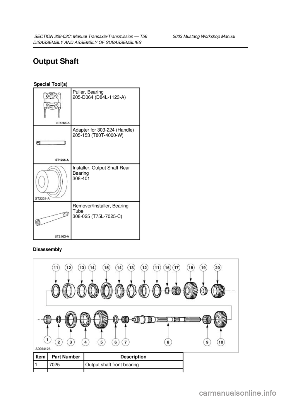 FORD MUSTANG 2003  Workshop Manual DISASSEMBLY AND ASSEMBLY OF SUBASSEMBLIES 
Output Shaft 
Disassembly 
SECTION 308-
03C: Manual Transaxle/Transmission — T56 2003 Mustang Workshop Manual  Special Tool(s) 
Puller, Bearing 
205-
D064 