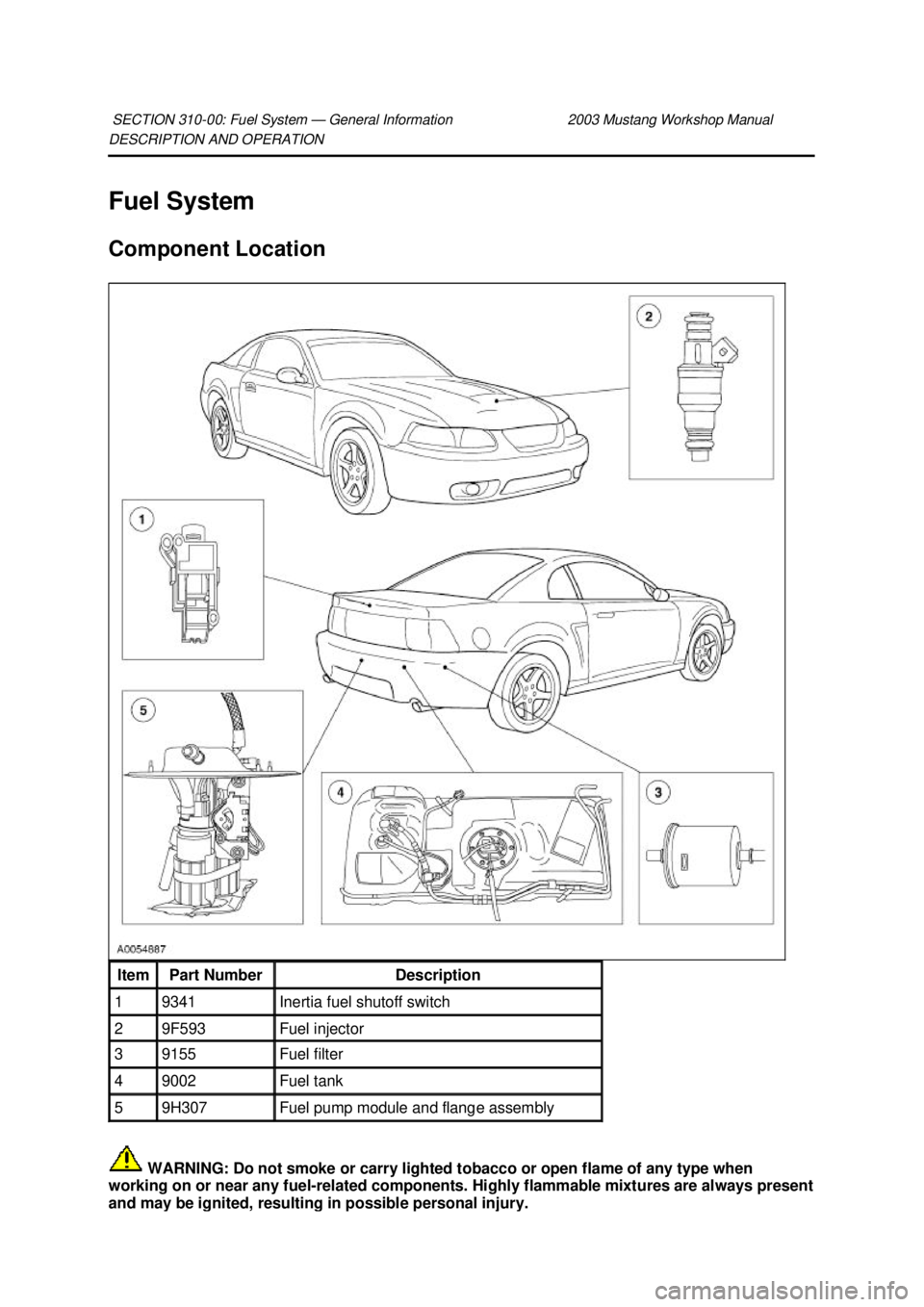 FORD MUSTANG 2003  Workshop Manual DESCRIPTION AND OPERATION 
Fuel System 
Component Location 
 WARNING: Do not smoke or carry lighted tobacco or open flame of any type when 
working on or near any fuel- related components. Highly flam