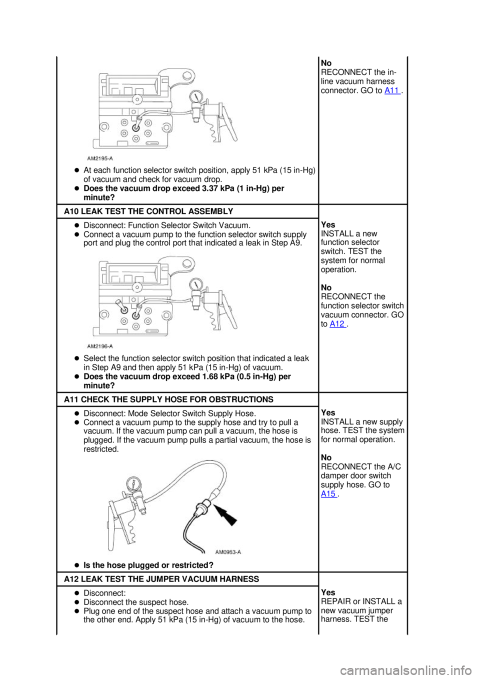 FORD MUSTANG 2003  Workshop Manual �z
At each function selector switch position, apply 51 kPa (15 in- Hg) 
of vacuum and check for vacuum drop. 
�z Does the vacuum drop exceed 3.37 kPa (1 in- Hg) per 
minute?  No 
RECONNECT the in-
lin