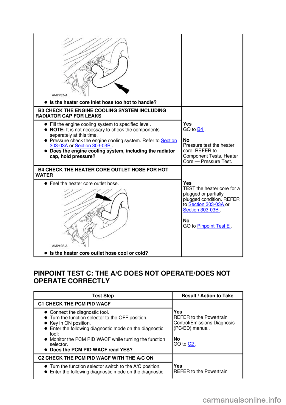 FORD MUSTANG 2003  Workshop Manual PINPOINT TEST C: THE A/C DOES NOT OPERATE/DOES NOT 
OPERATE CORRECTLY  �z
Is the heater core inlet hose too hot to handle?  B3 CHECK THE ENGINE COOLING SYSTEM INCLUDING 
RADIATOR CAP FOR LEAKS  �z
Fil