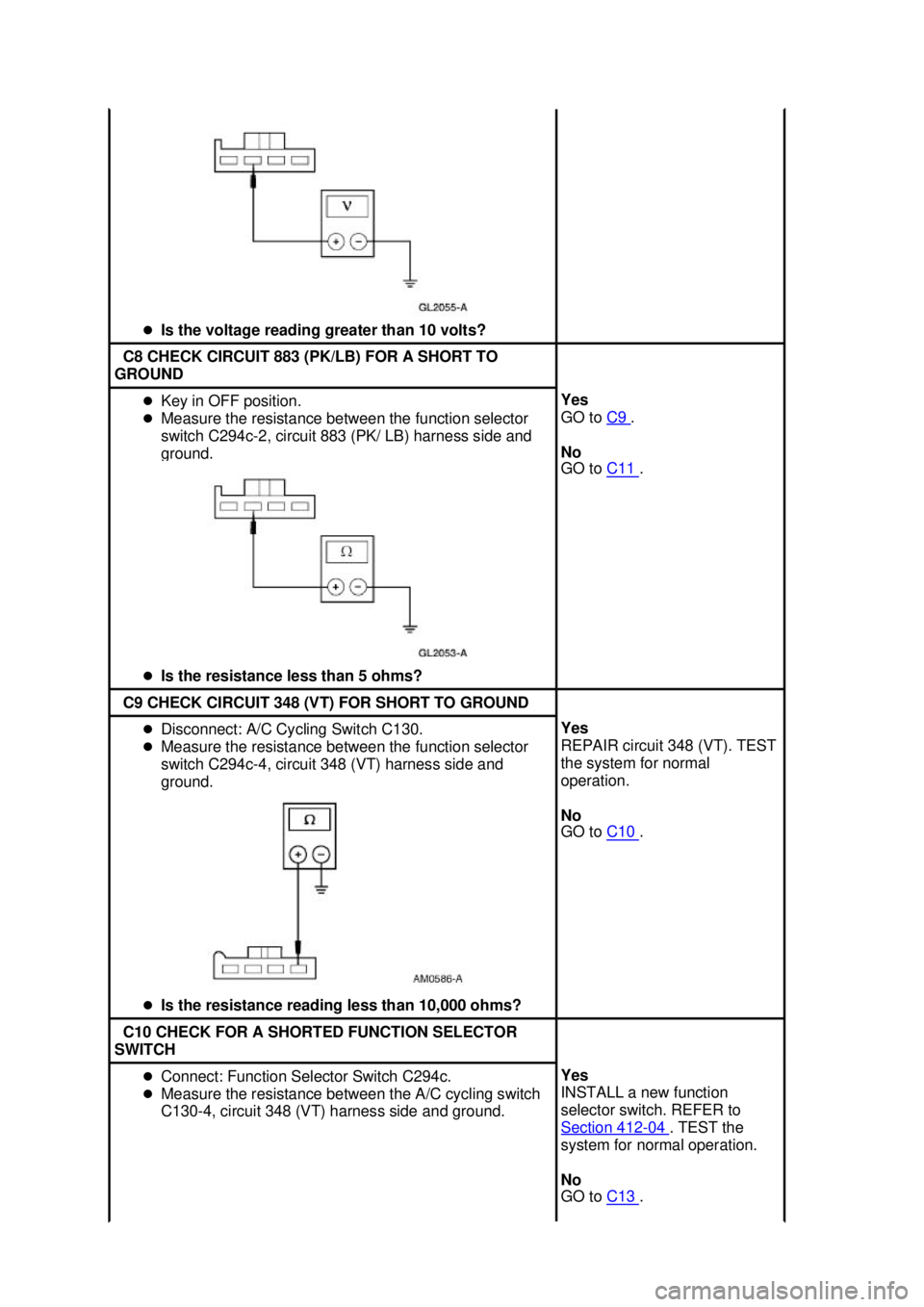 FORD MUSTANG 2003  Workshop Manual �z
Is the voltage reading greater than 10 volts?  C8 CHECK CIRCUIT 883 (PK/LB) FOR A SHORT TO 
GROUND  �z
Key in OFF position. 
�z Measure the resistance between the function selector 
switch C294c- 2