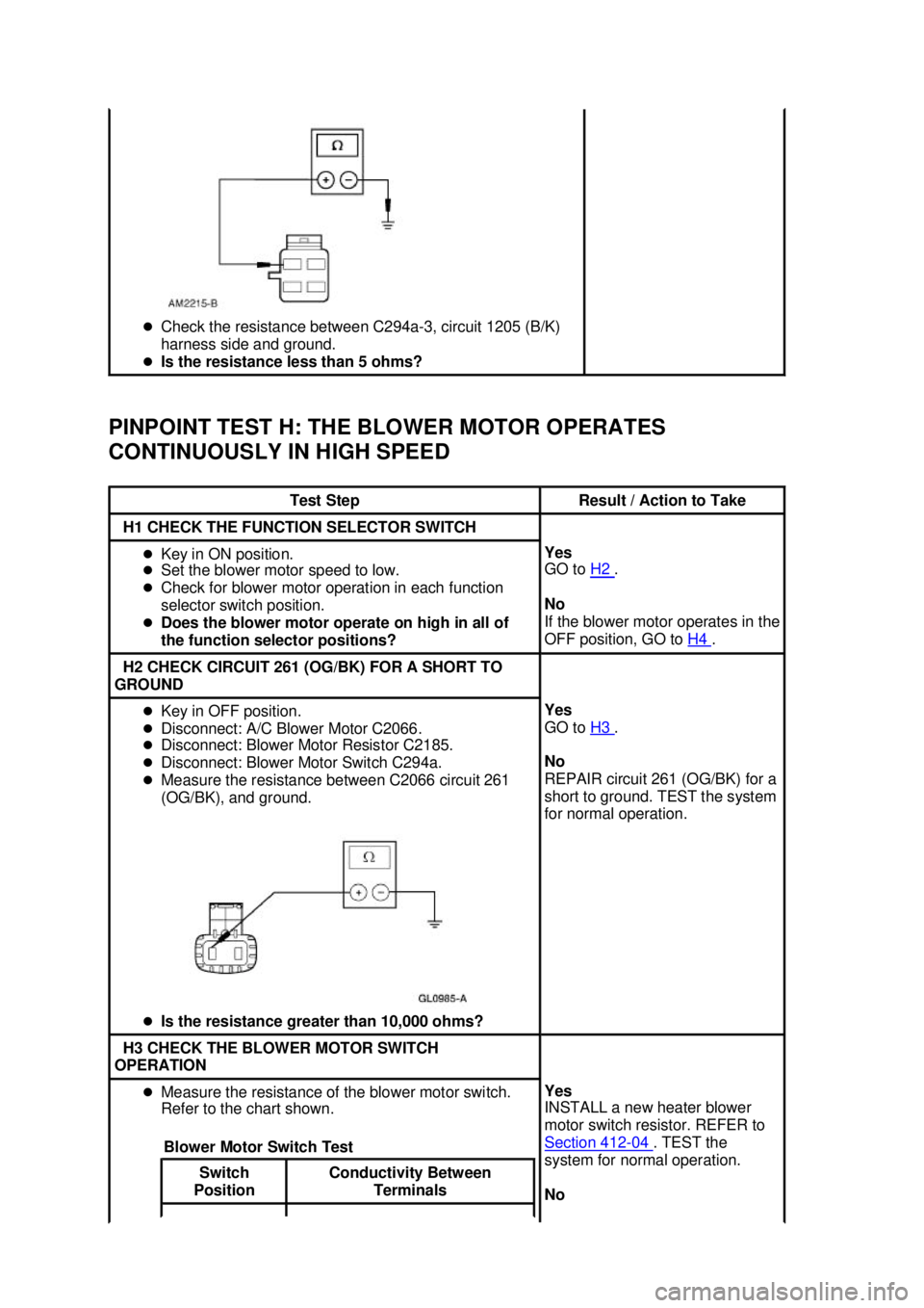 FORD MUSTANG 2003  Workshop Manual PINPOINT TEST H: THE BLOWER MOTOR OPERATES 
CONTINUOUSLY IN HIGH SPEED  �z
Check the resistance between C294a- 3, circuit 1205 (B/K) 
harness side and ground. 
�z Is the resistance less than 5 ohms?  