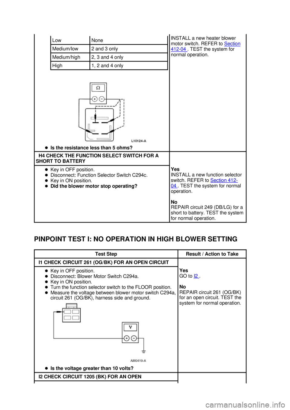 FORD MUSTANG 2003  Workshop Manual PINPOINT TEST I: NO OPERATION IN HIGH BLOWER SETTING  �z
Is the resistance less than 5 ohms?  Low  None 
Medium/low  2 and 3 only 
Medium/high  2, 3 and 4 only 
High  1, 2 and 4 only  INSTALL a new he