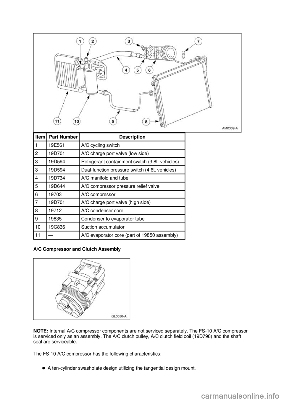 FORD MUSTANG 2003  Workshop Manual A/C Compressor and Clutch Assembly 
NOTE: 
Internal A/C compressor components are not serviced separately. The FS- 10 A/C compressor 
is serviced only as an assembly. The A/C clutch pulley, A/C clutch