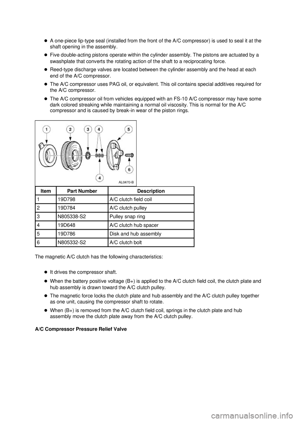 FORD MUSTANG 2003  Workshop Manual �z
A one- piece lip- type seal (installed from the front of the A/C compressor) is used to seal it at the 
shaft opening in the assembly. 
�z Five double- acting pistons operate within the cylinder as