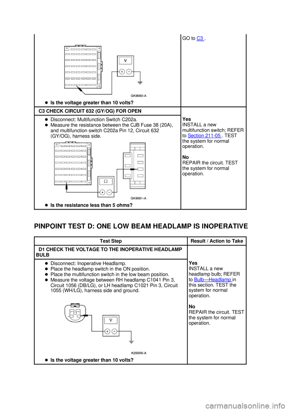 FORD MUSTANG 2003  Workshop Manual PINPOINT TEST D: ONE LOW BEAM HEADLAMP IS INOPERATIVE  �z
Is the voltage greater than 10 volts?  GO to 
C3  . 
C3 CHECK CIRCUIT 632 (GY/OG) FOR OPEN 
�z
Disconnect: Multifunction Switch C202a. 
�z Mea