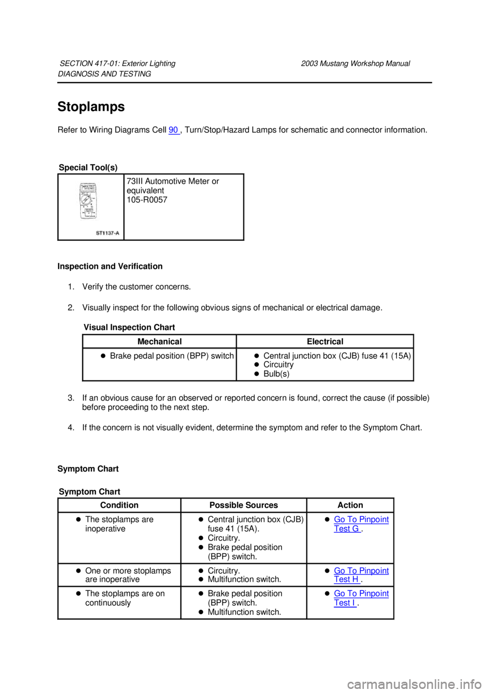FORD MUSTANG 2003  Workshop Manual DIAGNOSIS AND TESTING 
Stoplamps 
Refer to Wiring Diagrams Cell 
90  , Turn/Stop/Hazard Lamps for schematic and connector information. 
Inspection and Verification  1. Verify the customer concerns. 
2