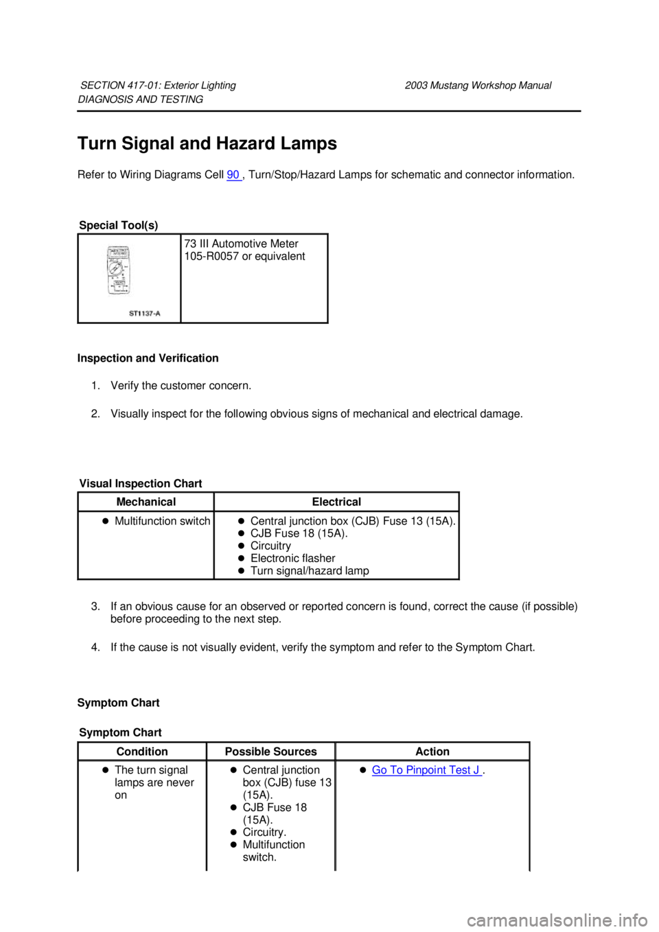 FORD MUSTANG 2003  Workshop Manual DIAGNOSIS AND TESTING 
Turn Signal and Hazard Lamps 
Refer to Wiring Diagrams Cell 
90  , Turn/Stop/Hazard Lamps for schematic and connector information. 
Inspection and Verification  1. Verify the cu
