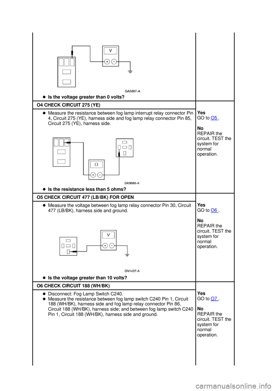 FORD MUSTANG 2003  Workshop Manual �z
Is the voltage greater than 0 volts?  O4 CHECK CIRCUIT 275 (YE) 
�z
Measure the resistance between fog lamp interrupt relay connector Pin 
4, Circuit 275 (YE), harness side and fog lamp relay conne